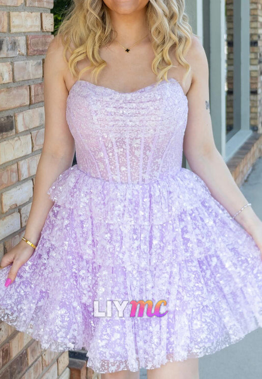 Off-Shoulder Sparkly Tulle Tiered A-Line Party Homecoming Dress