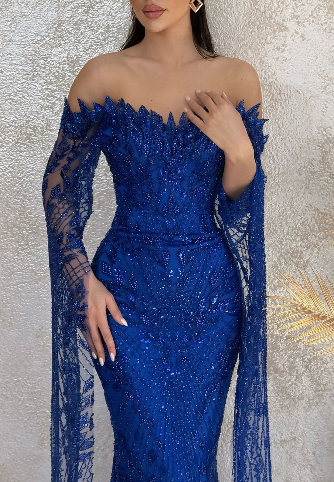 Off-Shoulder Sequins Beaded Long Sleeves Mermaid Evening Dress