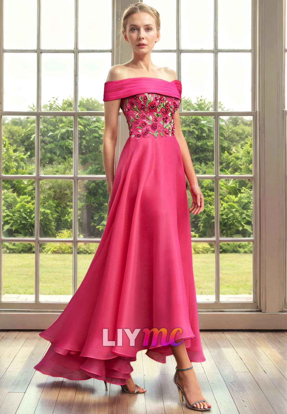 M1297 - Off-Shoulder Strapless Appliques Pleated A-Line Sleek Satin Mother of Bride Dress Cocktail Dress