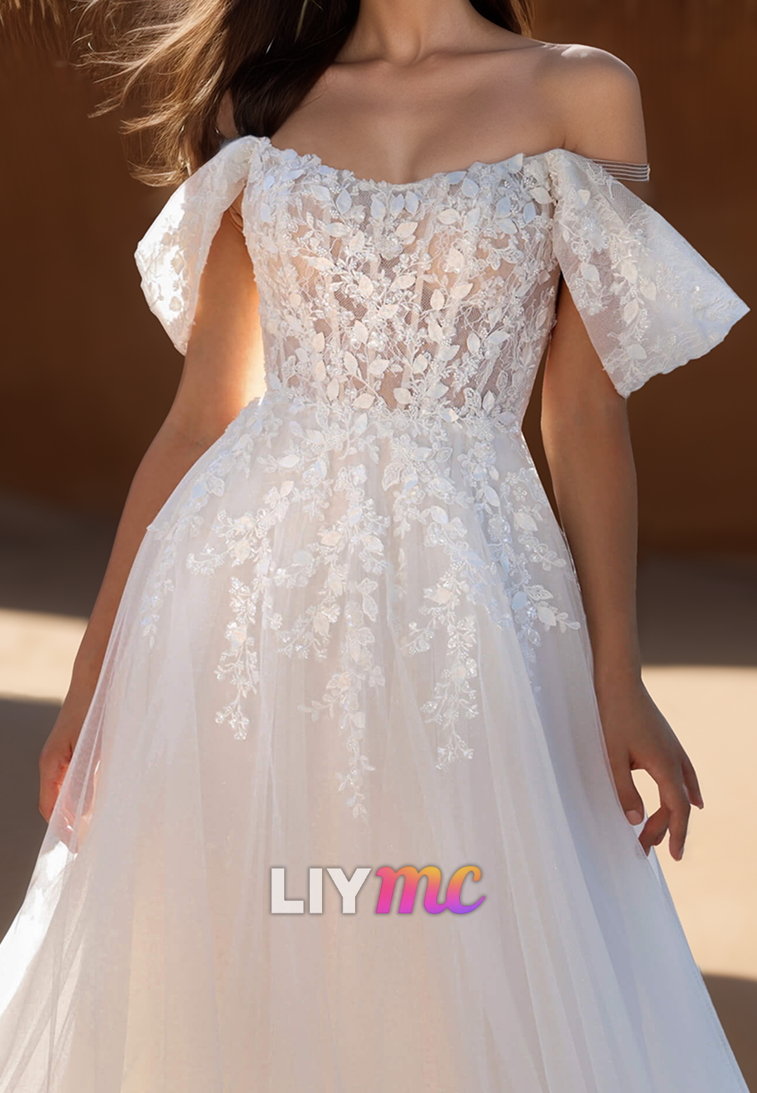 Off-Shoulder Strapless Appliques Tulle A-Line Beach Wedding Dress