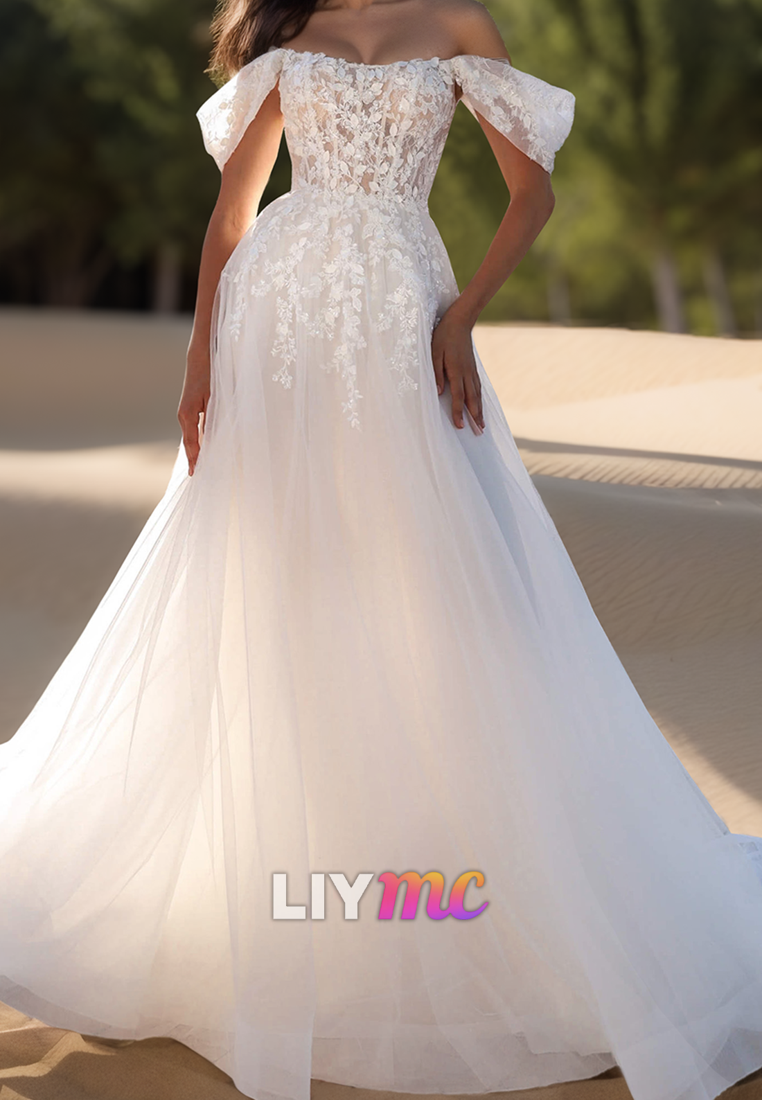 Off-Shoulder Strapless Appliques Tulle A-Line Beach Wedding Dress