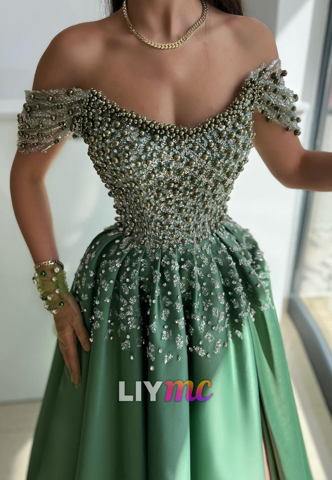LP2279 - Off-Shoulder Strapless Beaded Appliques Pleated A-Line Prom Dress