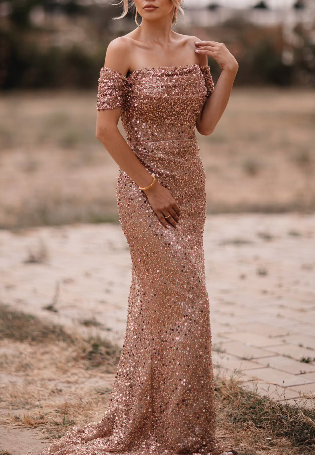Off-Shoulder Strapless Beaded Emboridery Mermaid Sparkly Evening Dress