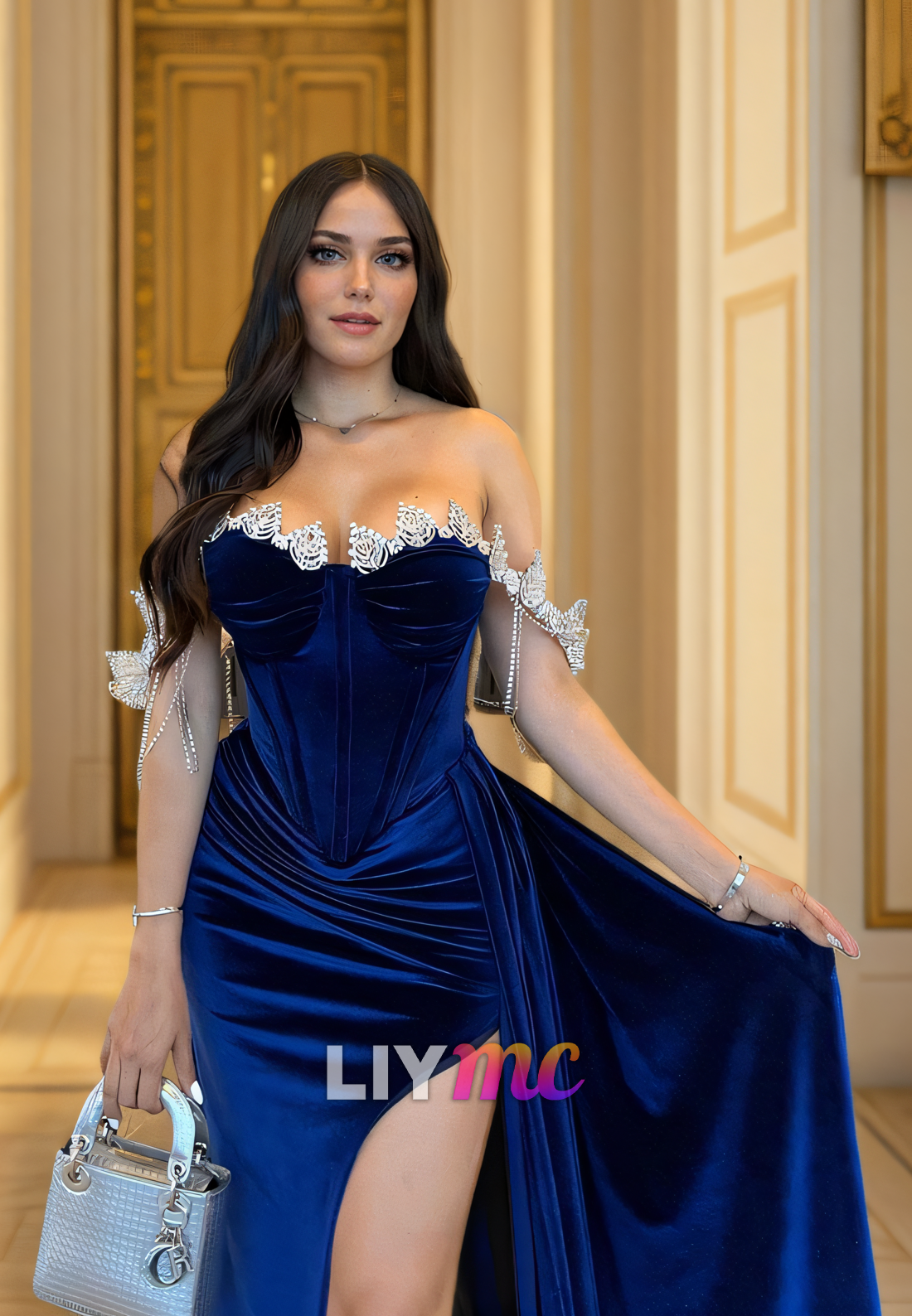 LP2295 - Off-Shoulder Strapless Beaded Pleated Velvet Sheath Prom Dress
