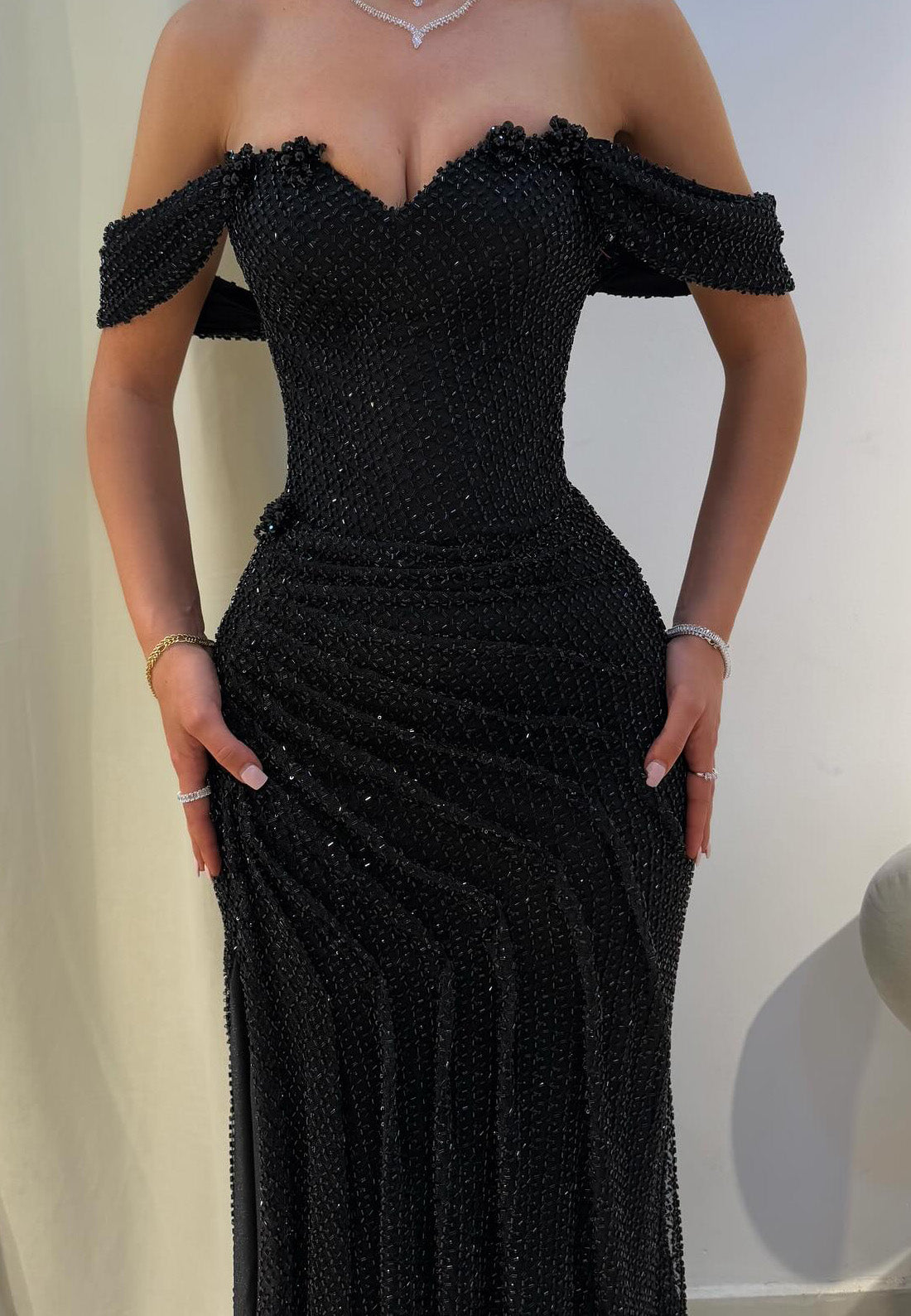 Off-Shoulder Strapless Beaded Sparkly Sheath Prom Dress