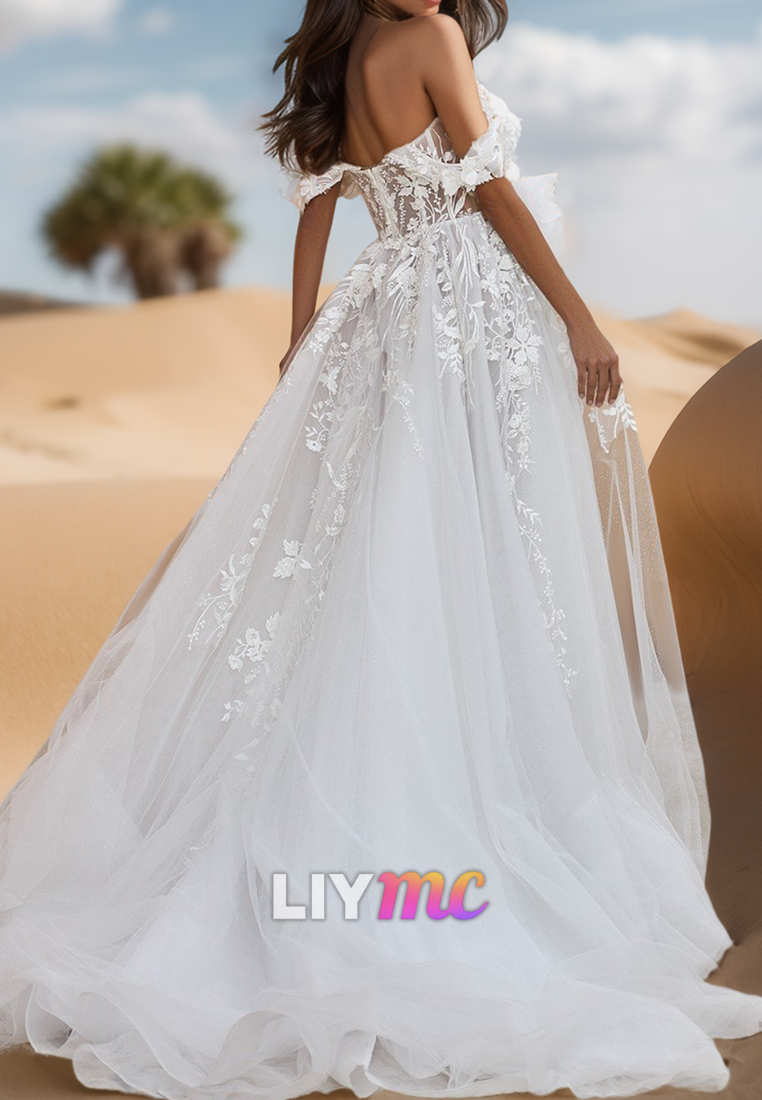 Off-Shoulder Strapless Floral Appliques Tulle A-Line Beach Wedding Dress