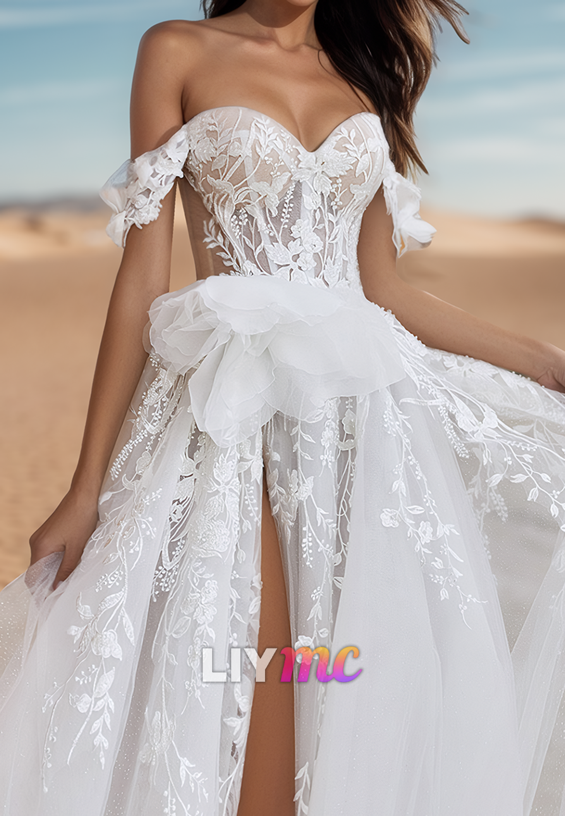 Off-Shoulder Strapless Floral Appliques Tulle A-Line Beach Wedding Dress