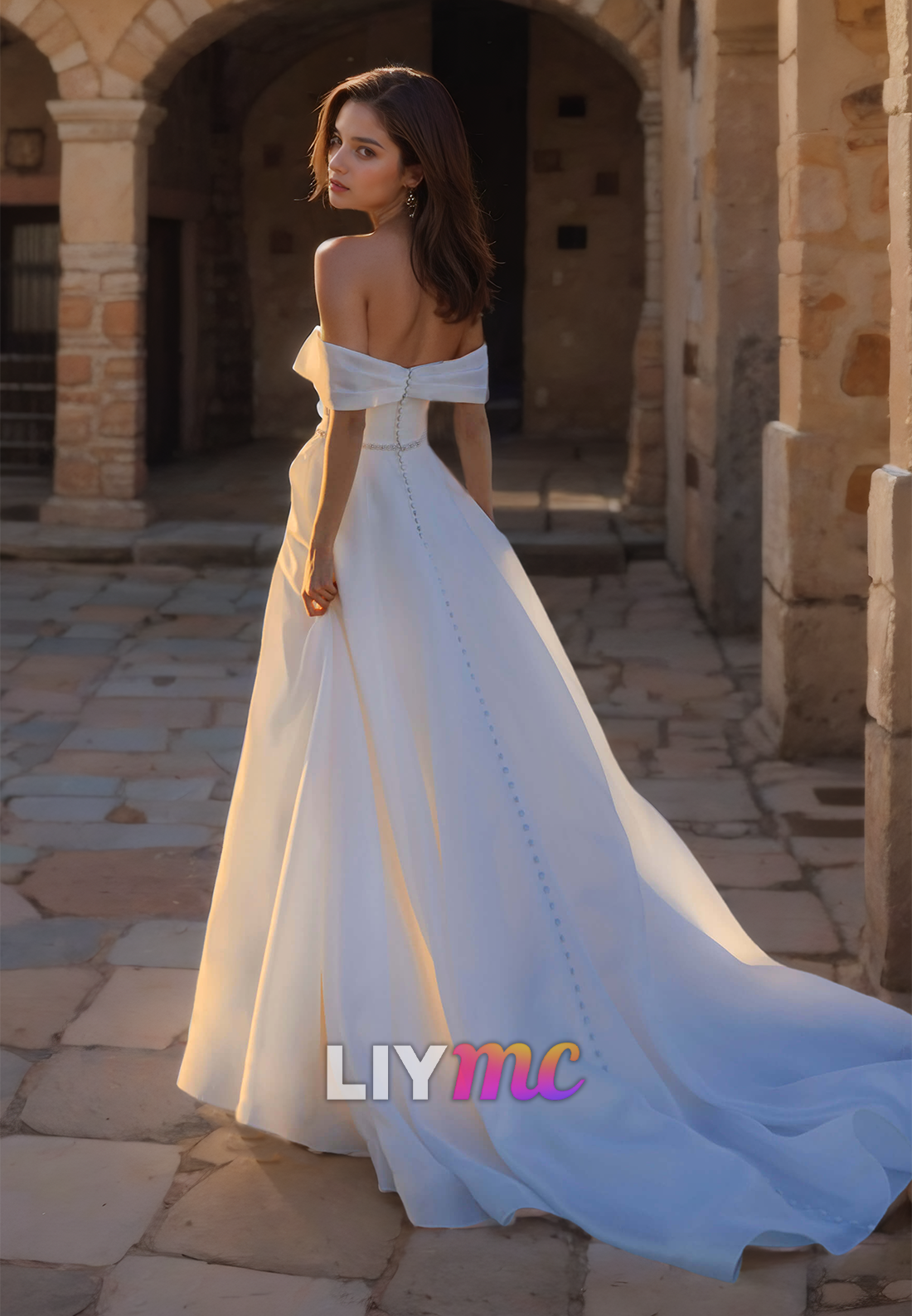 Off-Shoulder Strapless High Slit Sleek Satin A-Line Beach Wedding Dress