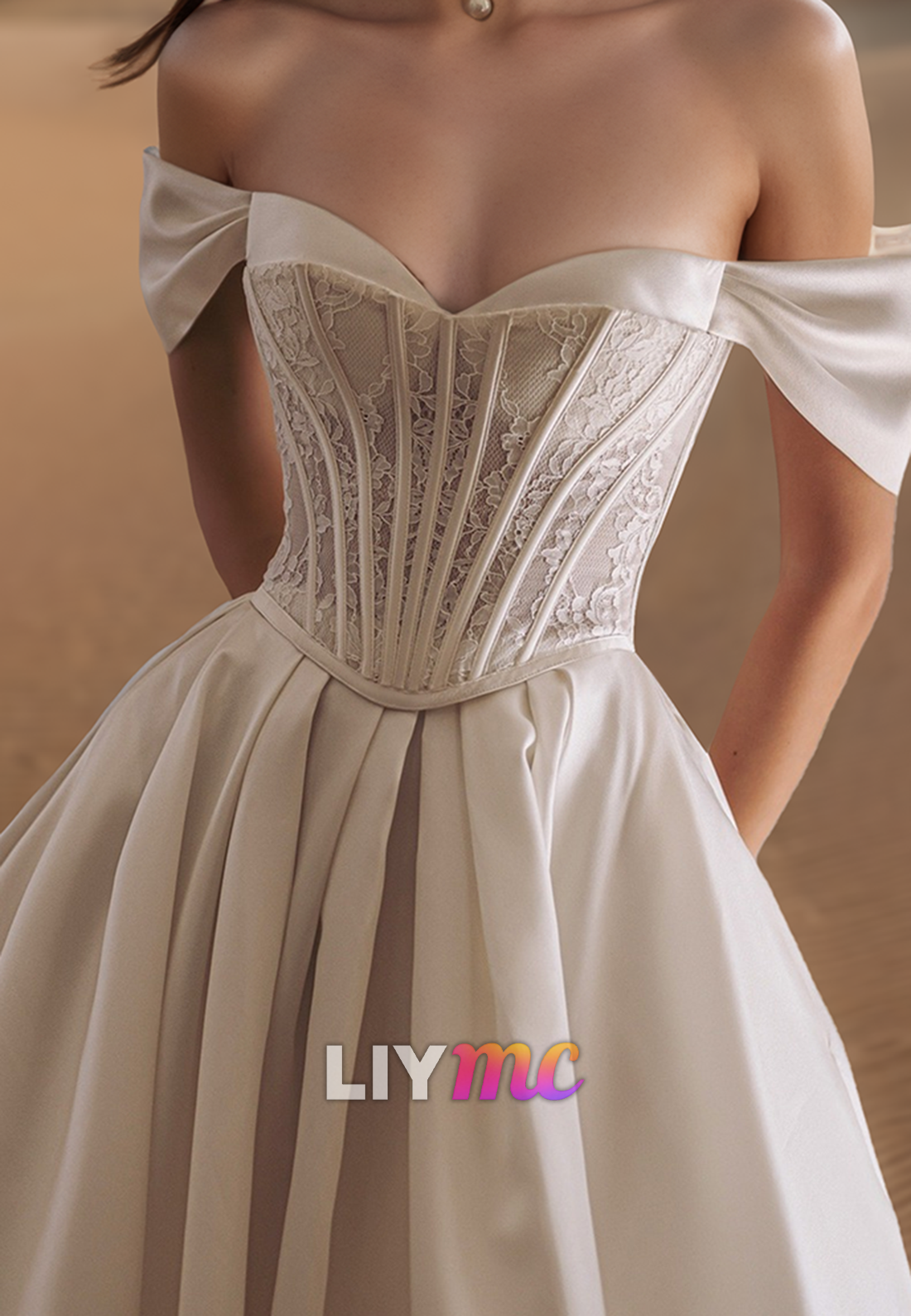 Off-Shoulder Strapless Lace Appliques Pleated Satin A-Line Wedding Dress