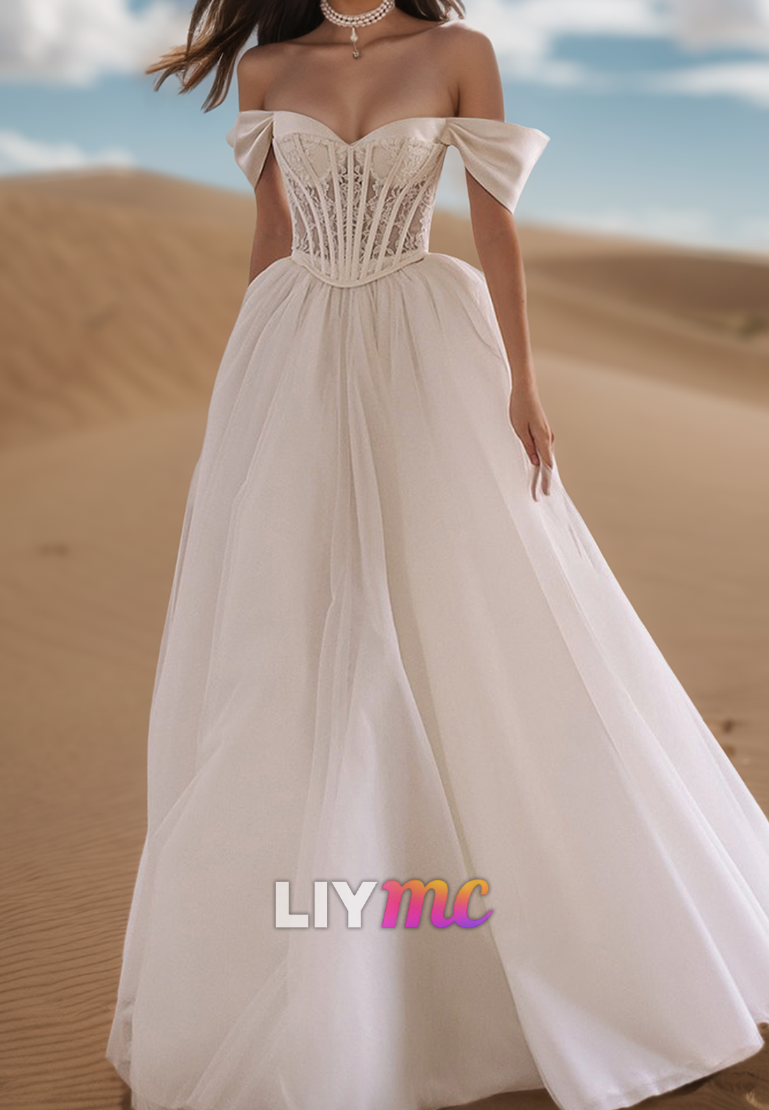 Off-Shoulder Strapless Lace Appliques Pleated Satin A-Line Wedding Dress