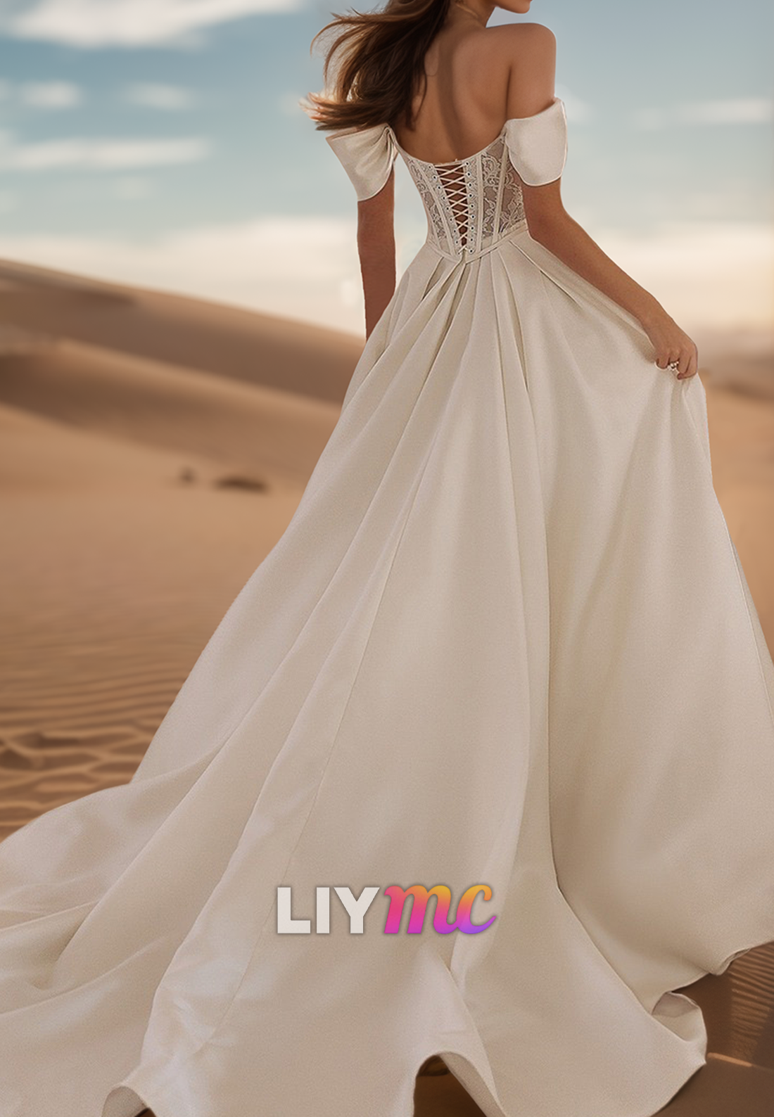Off-Shoulder Strapless Lace Appliques Pleated Satin A-Line Wedding Dress