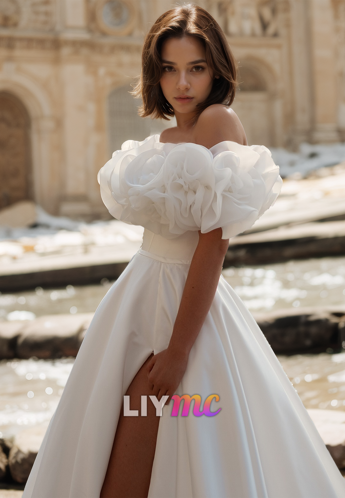 Off-Shoulder Strapless Pleated Satin Floral Embellished A-Line Wedding Dress