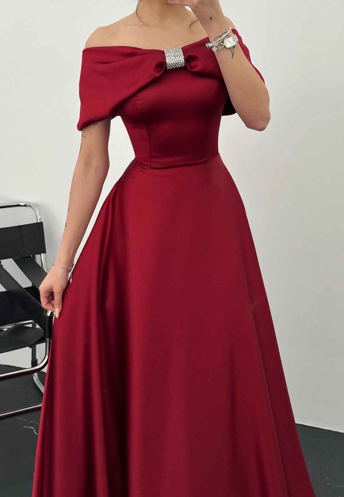 Off-Shoulder Strapless Pleated Sleek Wedding Guest A-Line Formal Dress