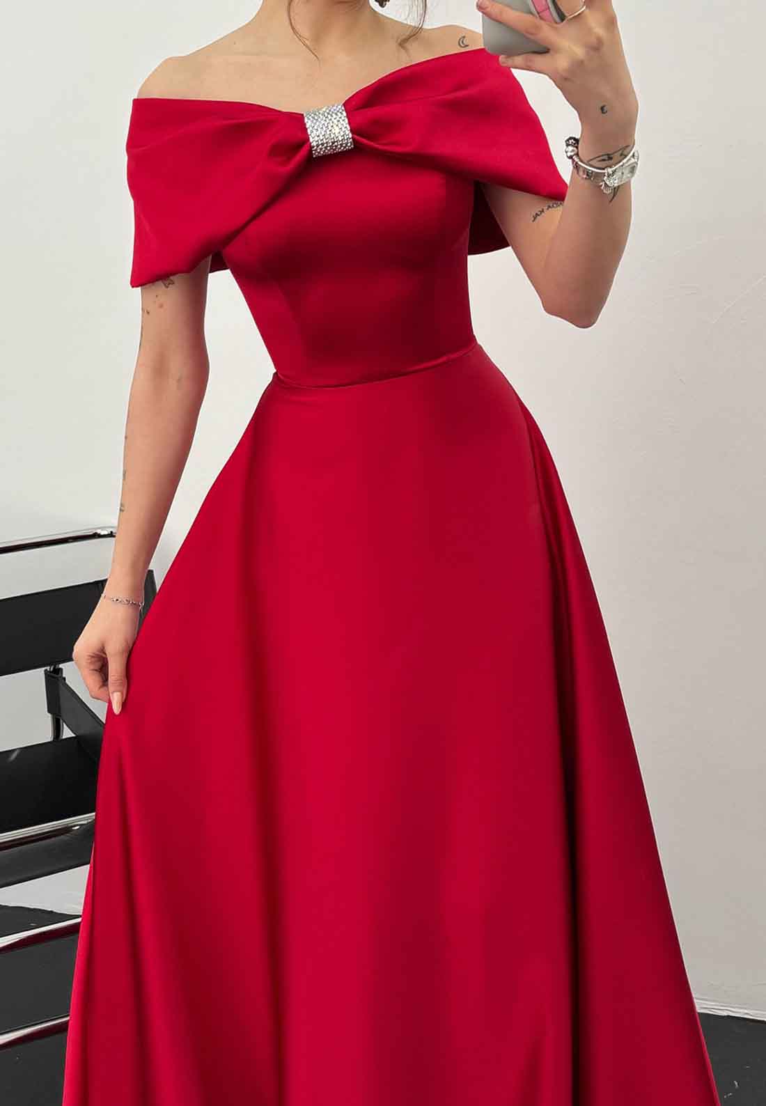 Off-Shoulder Strapless Pleated Sleek Wedding Guest A-Line Formal Dress