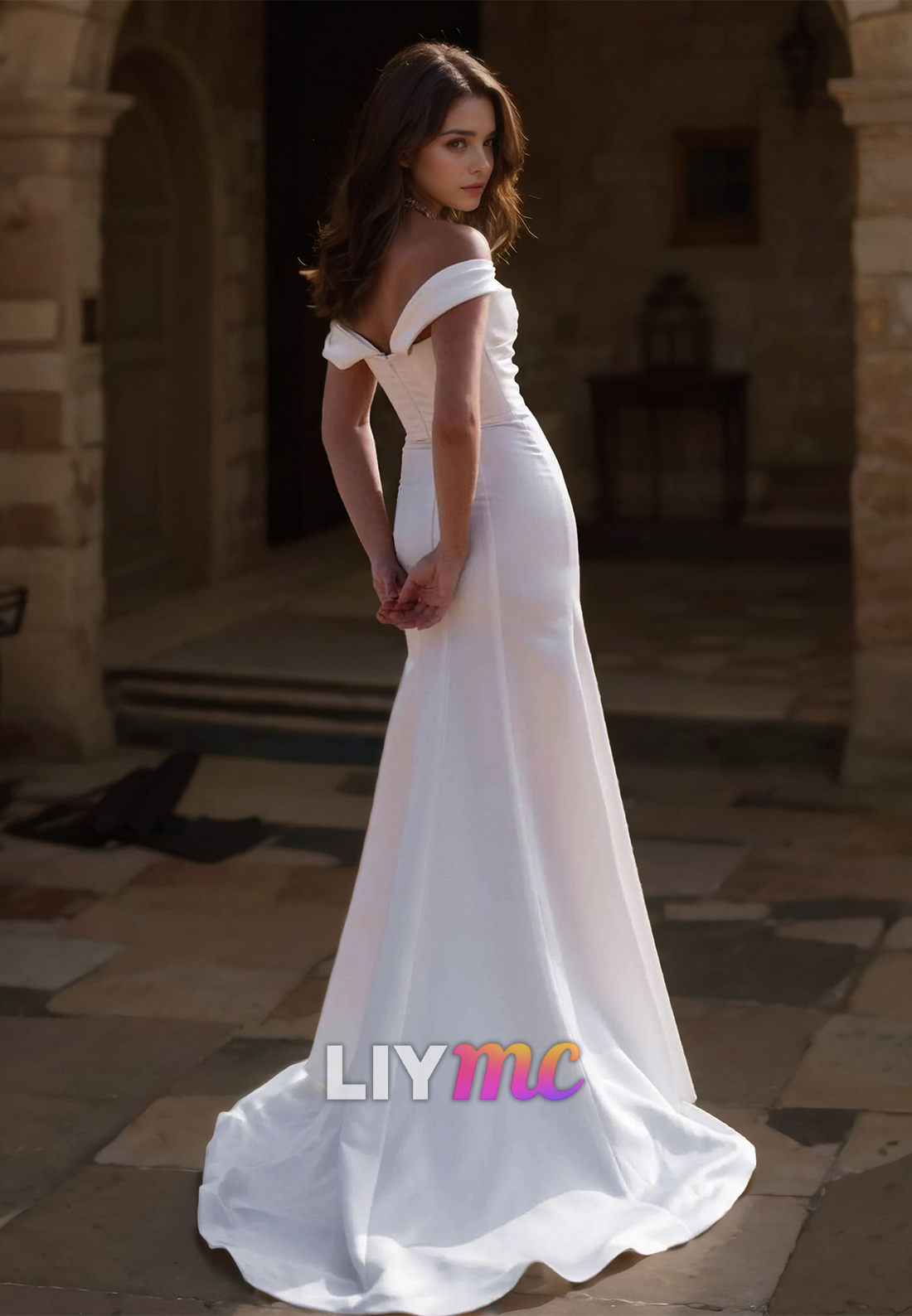 Off-Shoulder Strapless Ruched High Slit Simple Beach Wedding Dress