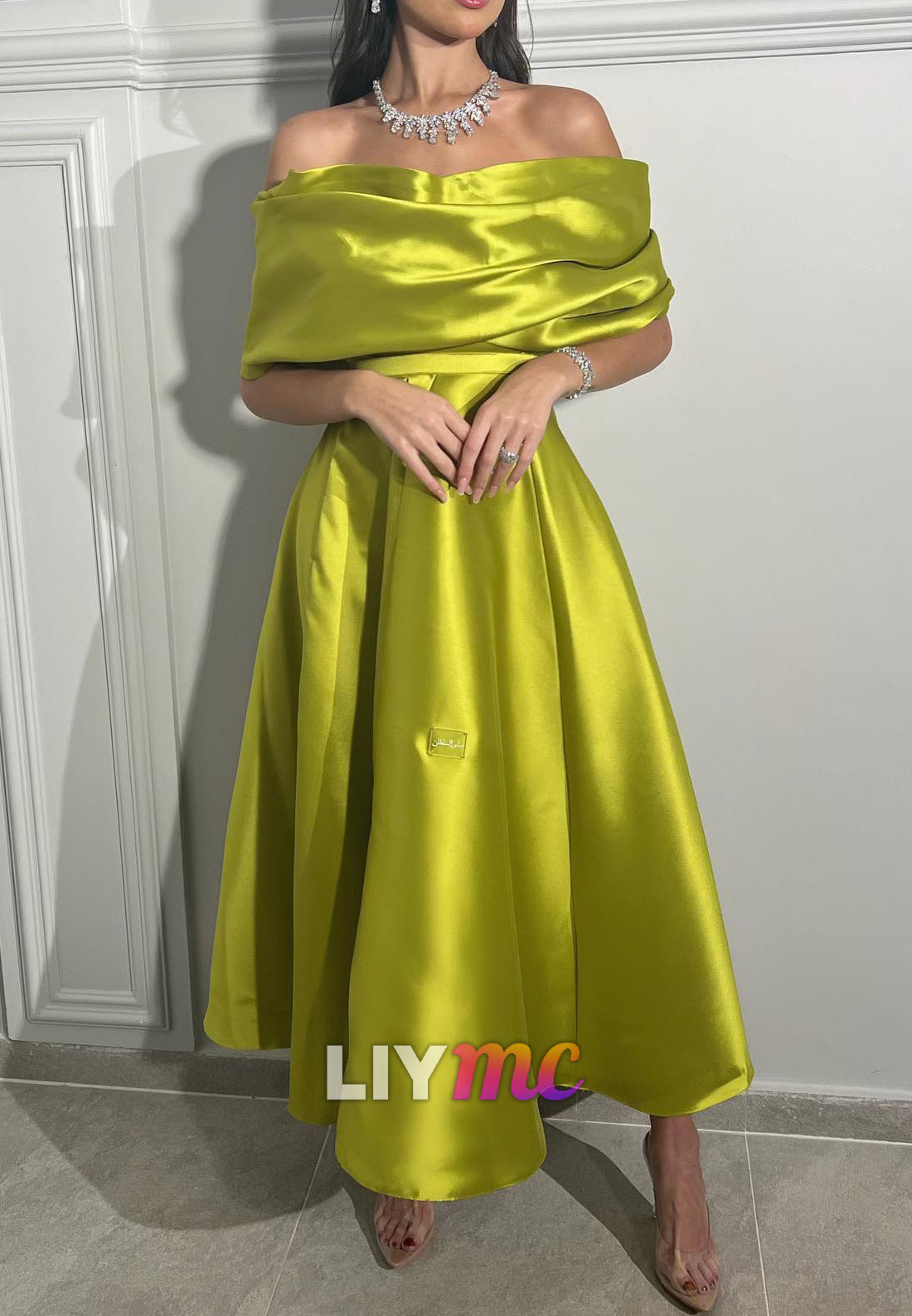 Off-Shoulder Strapless Satin A-Line Midi Formal Dress