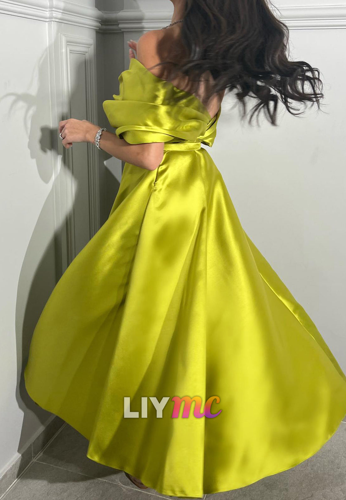 Off-Shoulder Strapless Satin A-Line Midi Formal Dress
