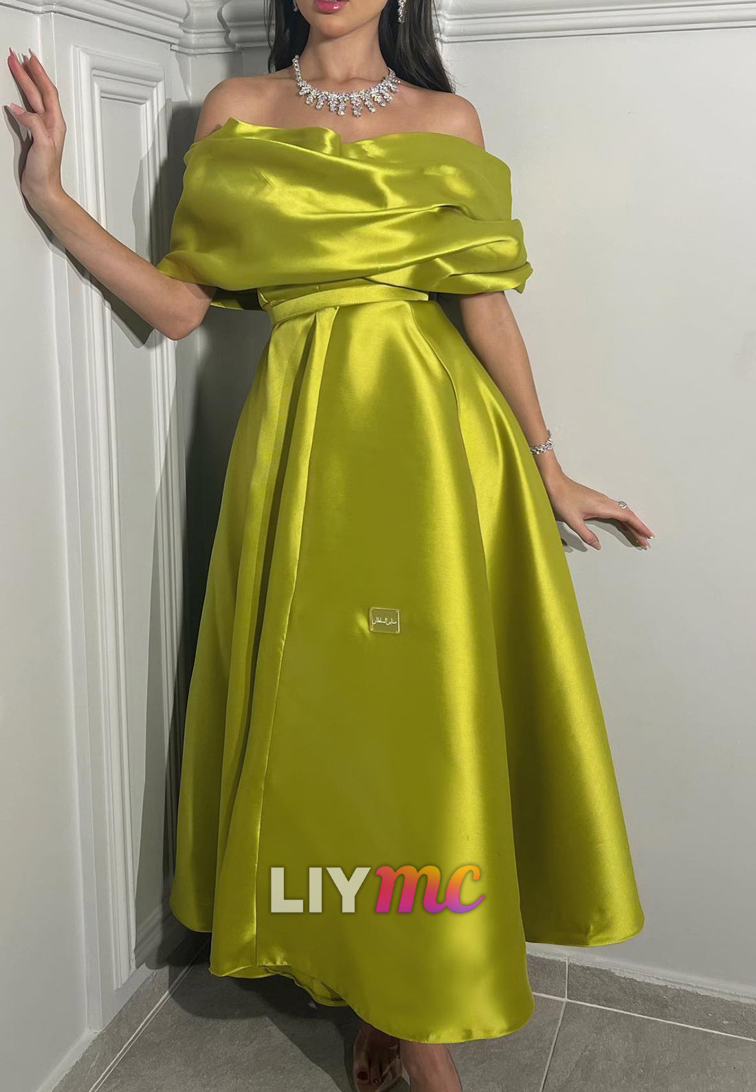 Off-Shoulder Strapless Satin A-Line Midi Formal Dress
