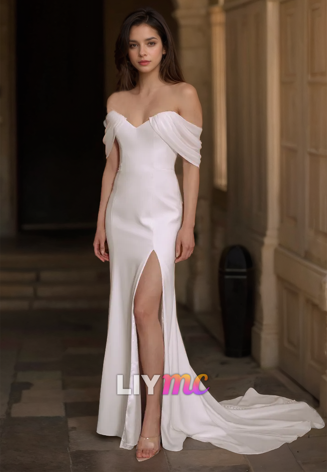 satin sheath wedding dress Off-Shoulder Strapless Sleek Satin Side Slit Sheath Wedding Dress – Liymc