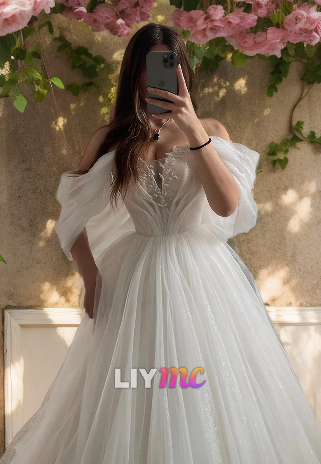 LW430 - V-Neck Off-Shoulder Appliques Tulle Tiered A-Line Ball Gown Wedding Dress