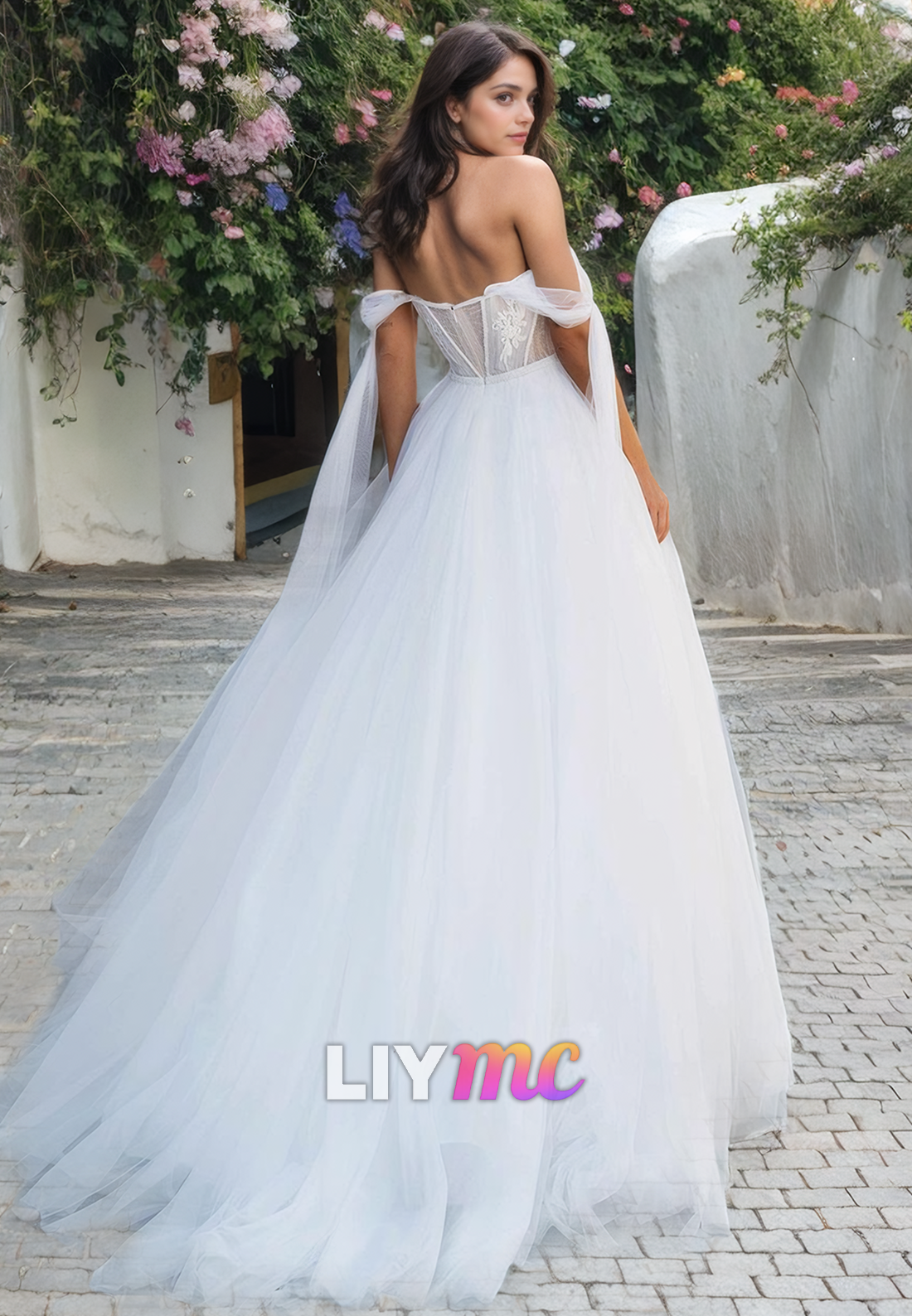 Off-Shoulder Strapless Tulle Ball Gown Wedding Dress
