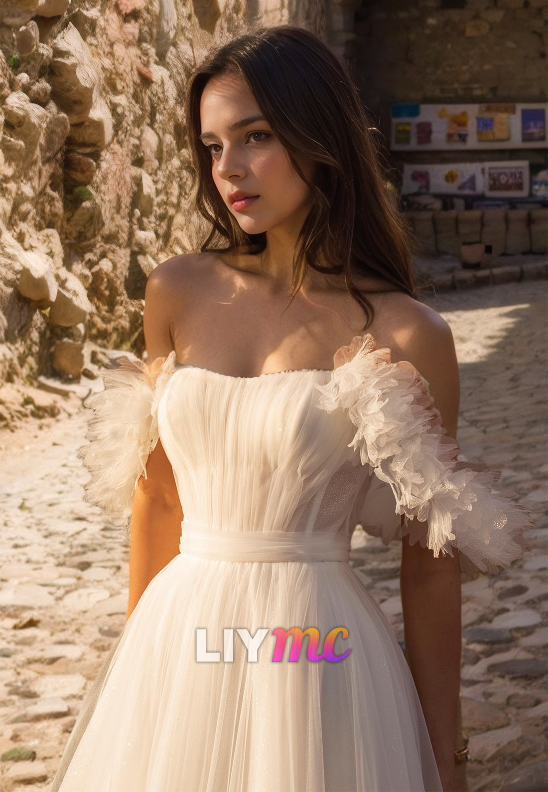 Off-Shoulder Strapless Tulle Pleated A-Line Ball Gown Wedding Dress