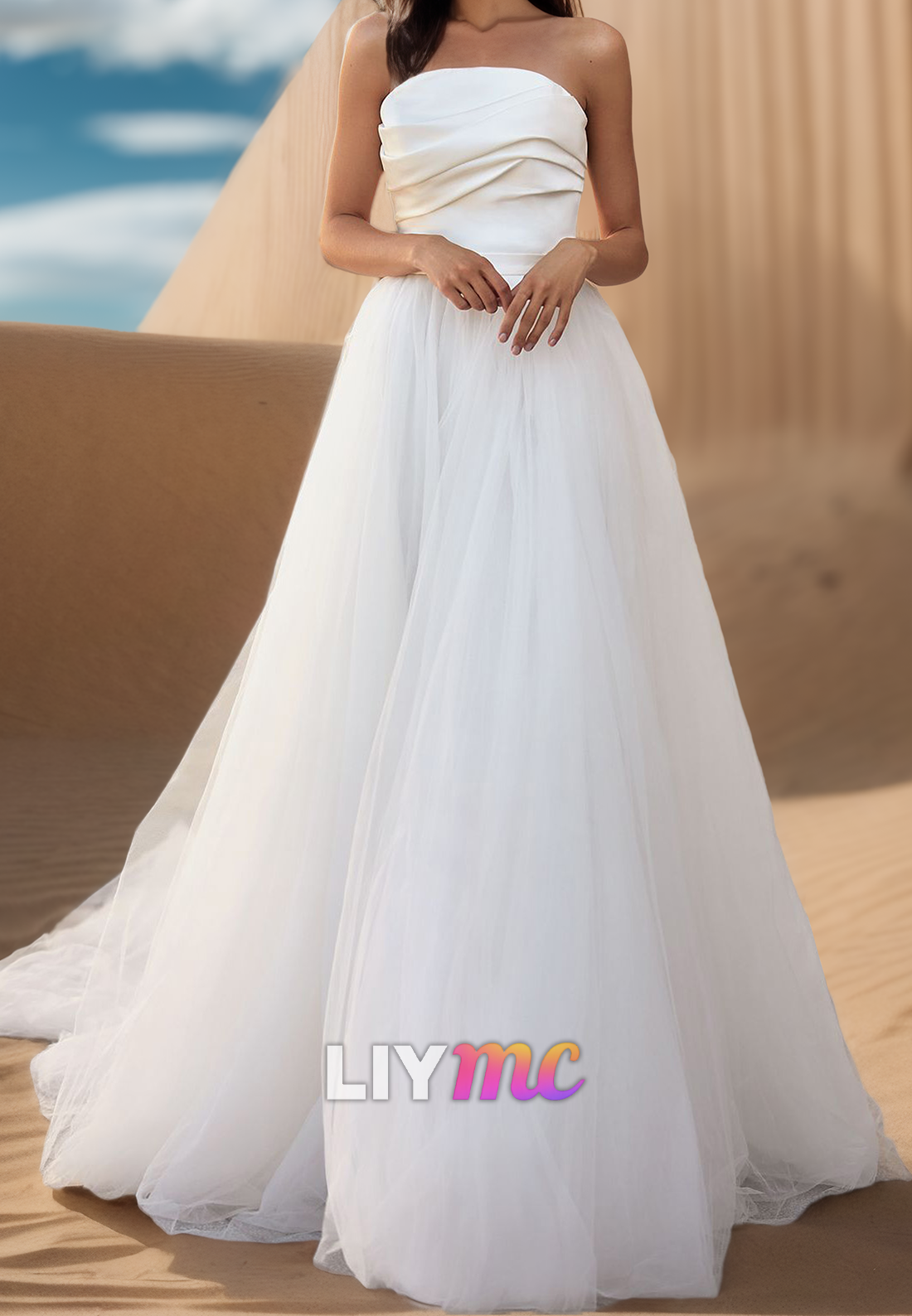 Off-Shoulder Strapless Tulle Pleated A-Line Wedding Dress