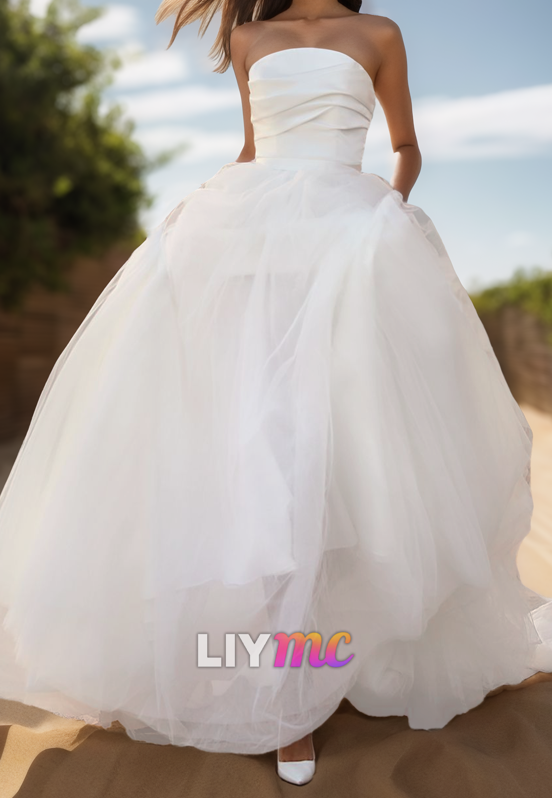 Off-Shoulder Strapless Tulle Pleated A-Line Wedding Dress
