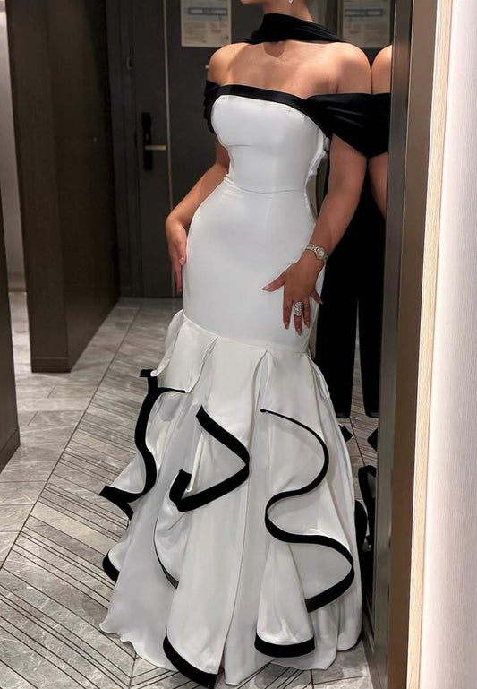 Off-Shoulder Tiered Ruffled Mermaid Evening Dress