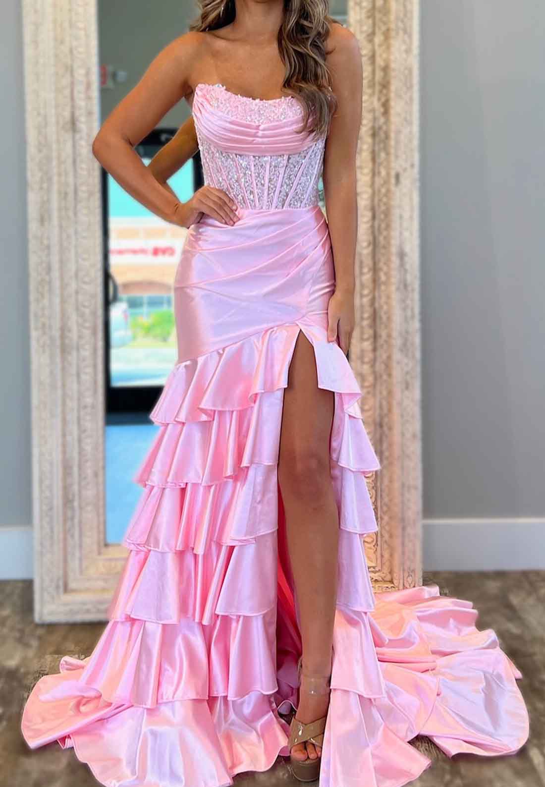 Off-Shoulder Tiereed Sleek Appliques Sheath Prom Dress