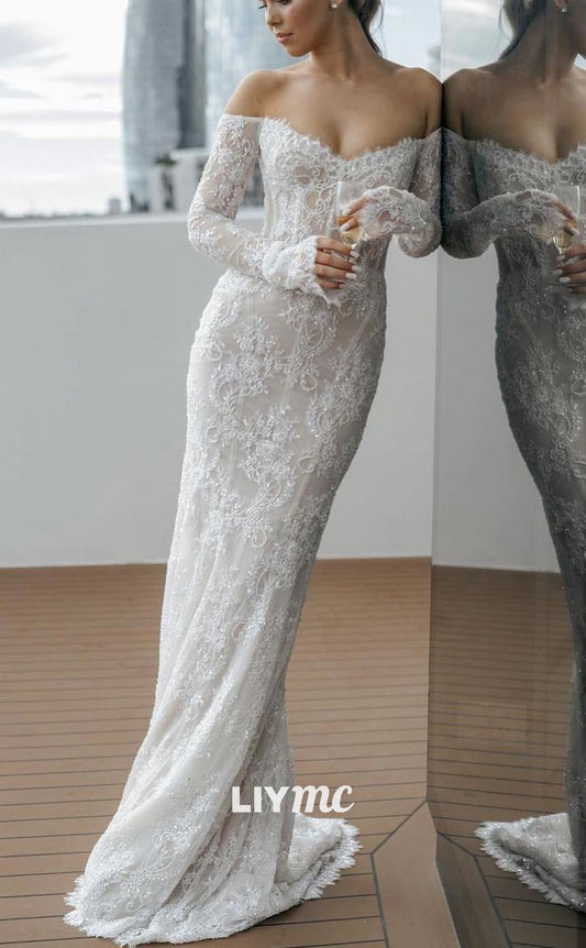 LW726 - Off-Shoulder Long Sleeves Lace Appliques Mermaid Wedding Dress