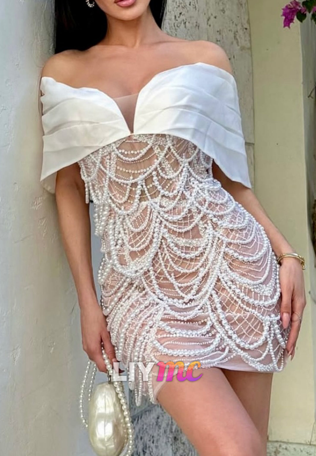 Off-Shoulder Pearl Sheath Party Homecoming Dress