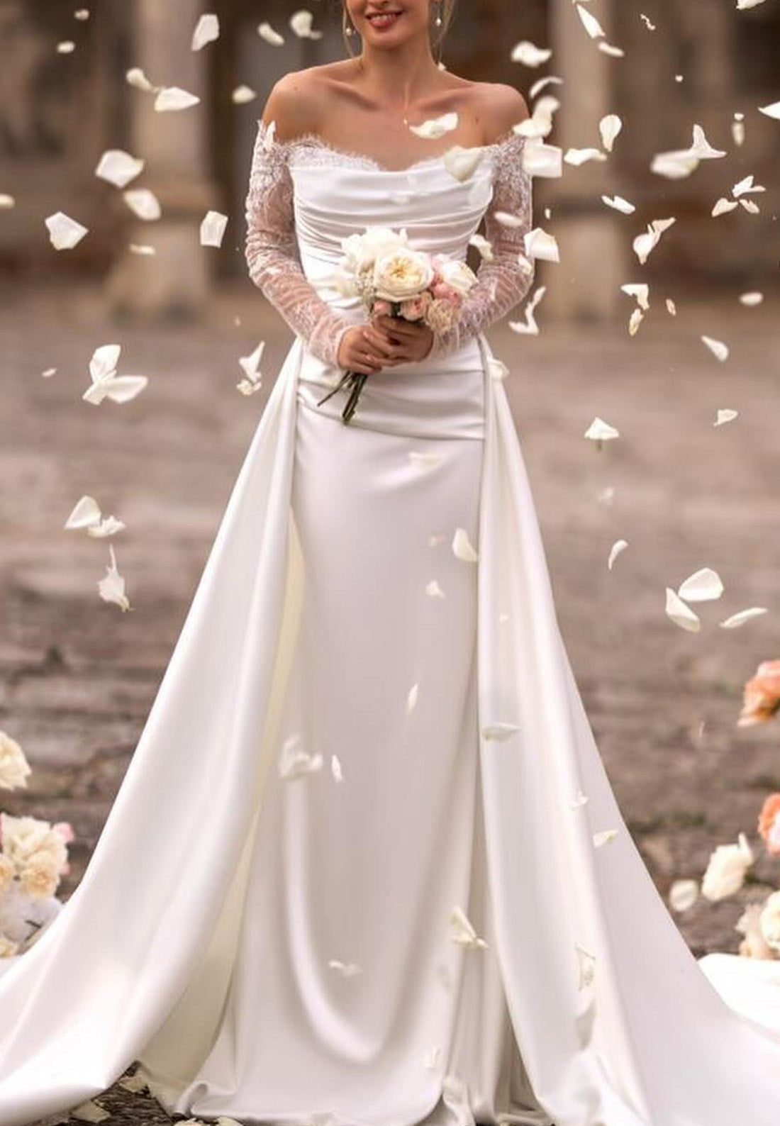 off shoulder satin mermaid wedding dress Unique Off Shoulder Ruffles Satin Mermaid Wedding Dress with Court Train QW2287 US10 / Ivory