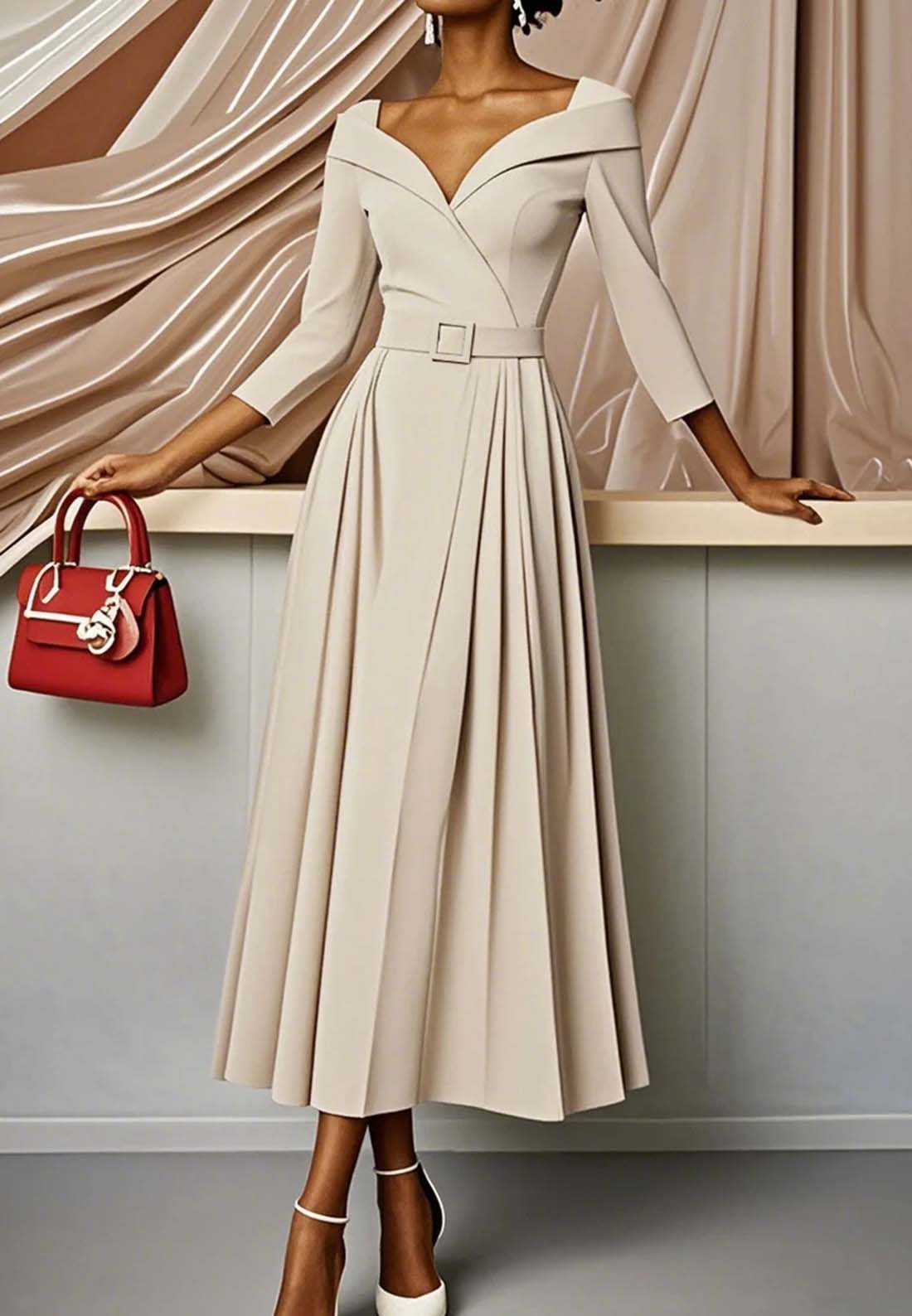 Off White Pleated Ruched Three Quarter Sleeve A-Line Maxi Dress