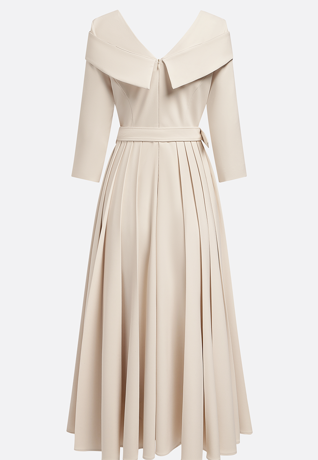 Off White Pleated Ruched Three Quarter Sleeve A-Line Maxi Dress