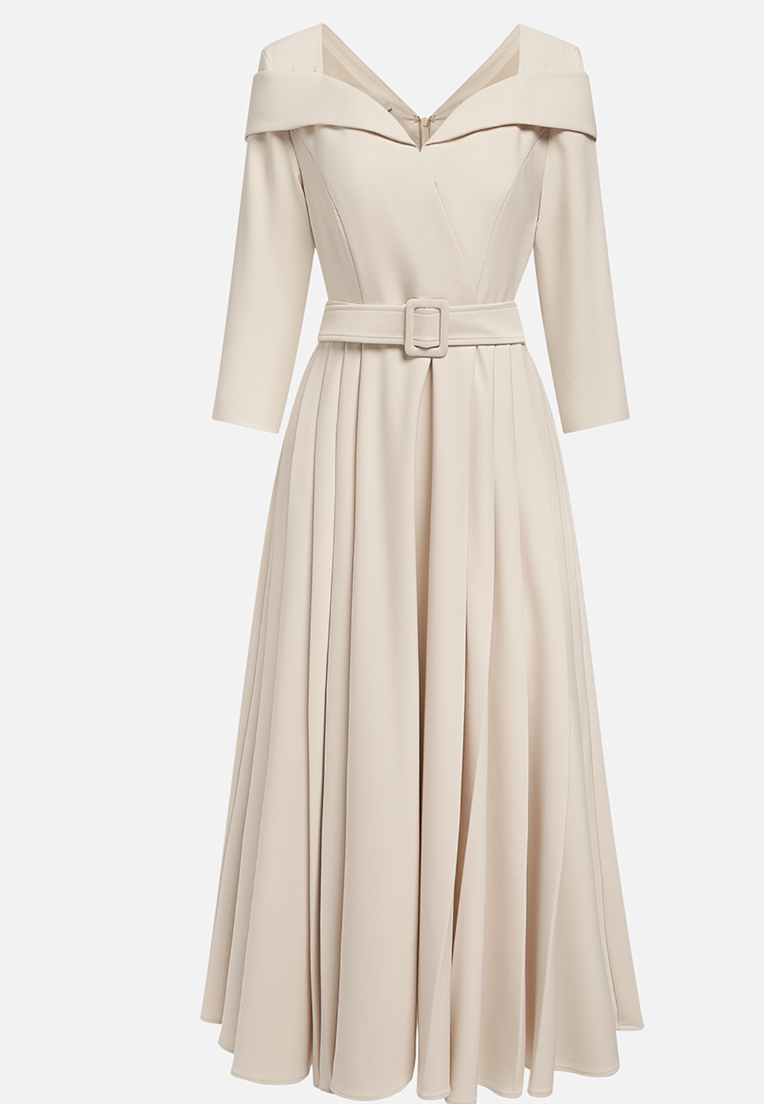 Off White Pleated Ruched Three Quarter Sleeve A-Line Maxi Dress