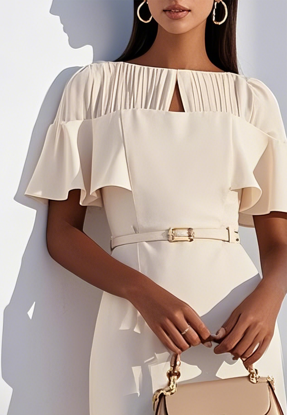 Off White Ruched Classic Crew Neck Sheath Midi Dress