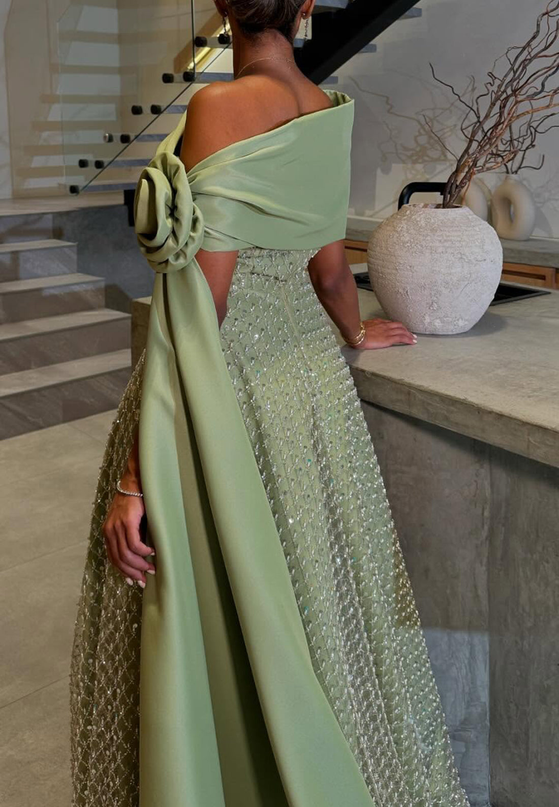 One Shoulder 3D Floral A-Line Evening Dress