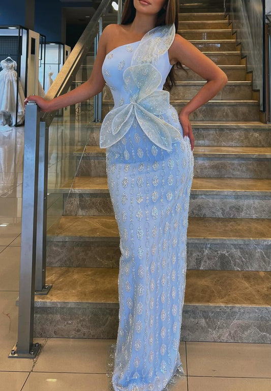 One Shoulder 3D Floral Beaded Emboridery Sheath Prom Dress