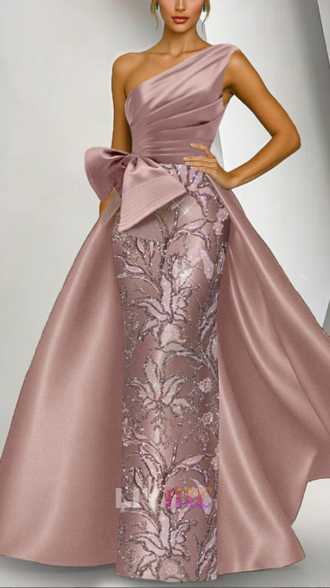 One Shoulder Appliques Bow Mermaid Evening Dress
