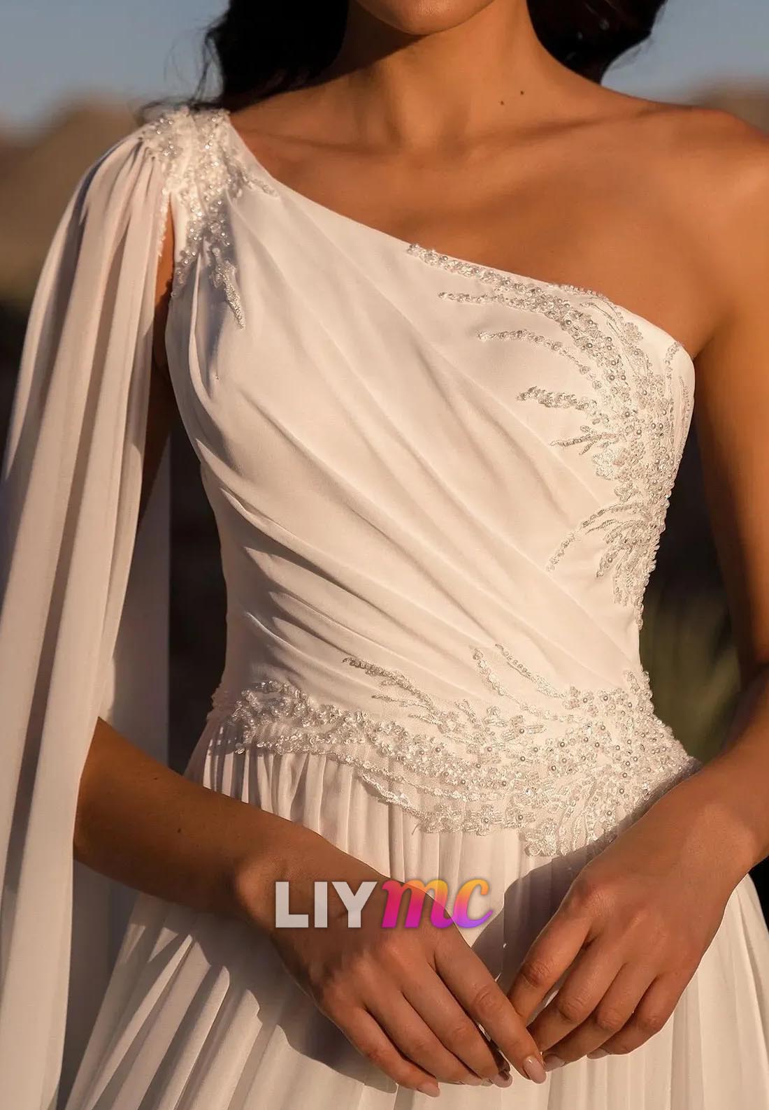 One Shoulder Appliques Pleated Chiffon A-Line Vintage Wedding Dress