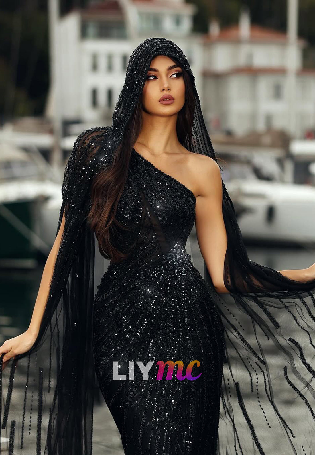 One Shoulder Beaded Embroidery Sparkly Mermaid Evening Dress