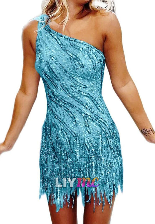 One Shoulder Beaded Fringe Sequins Sheath Party Homecoming Dress
