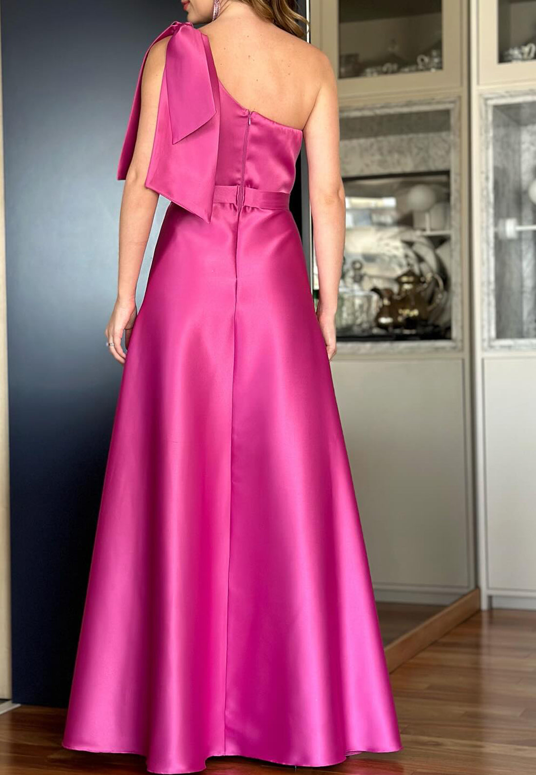 One Shoulder Bowknot Pleated Sleek Side Slit A-Line Evening Dress