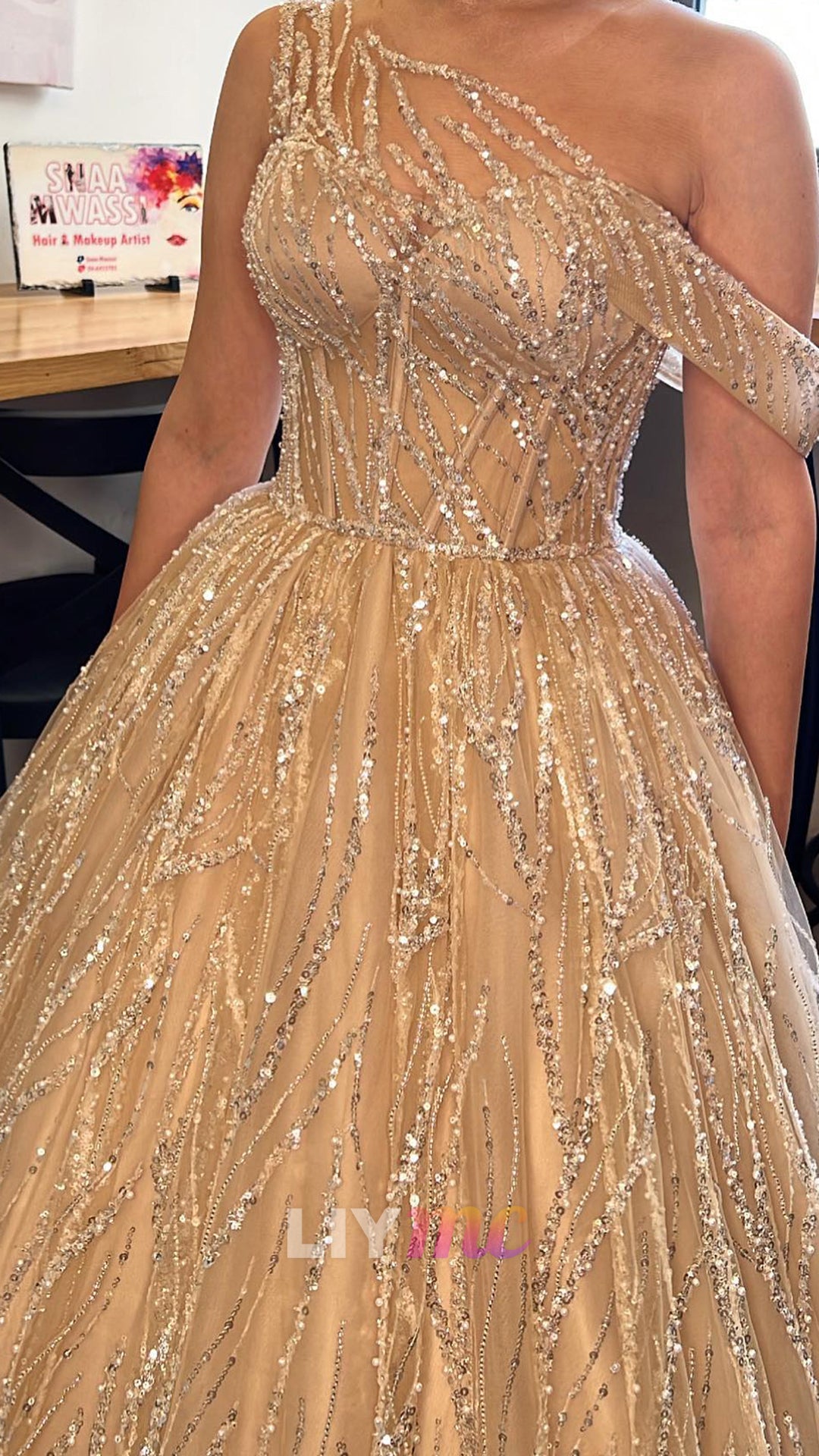 One Shoulder Cap Sleeves Beaded Embroidery A-Line Evening Dress