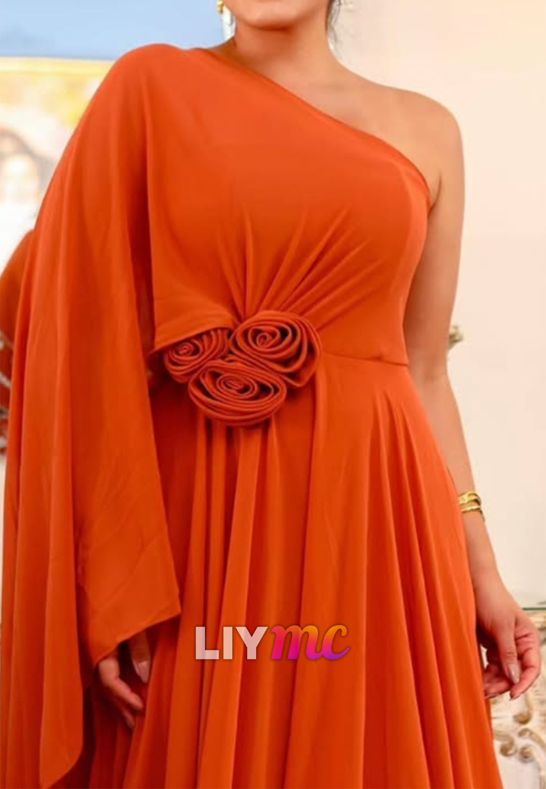 One Shoulder Chiffon Floral Embellished A-Line Evening Dress