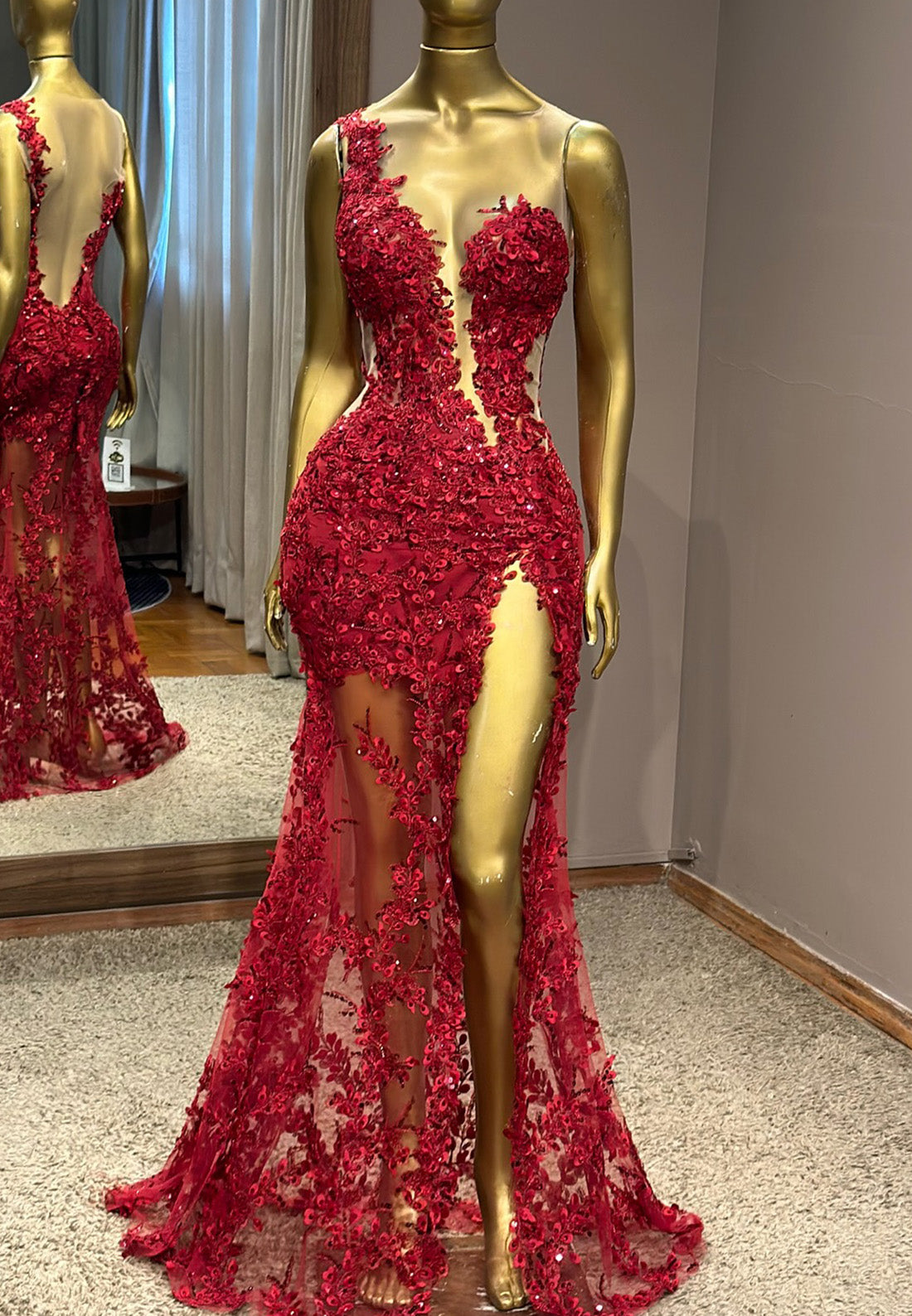 One Shoulder Floral Appliques Sheath Prom Dress