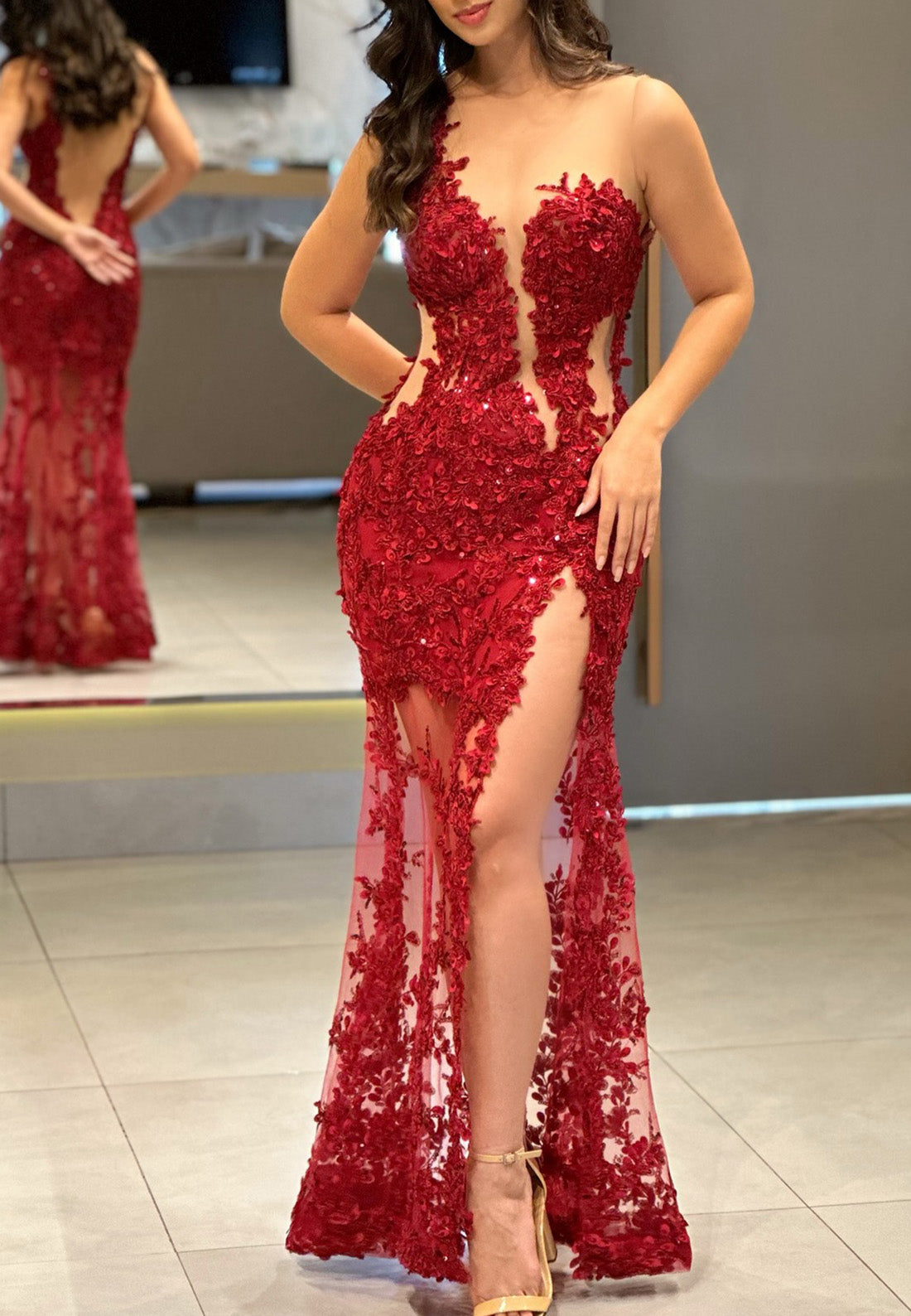 One Shoulder Floral Appliques Sheath Prom Dress