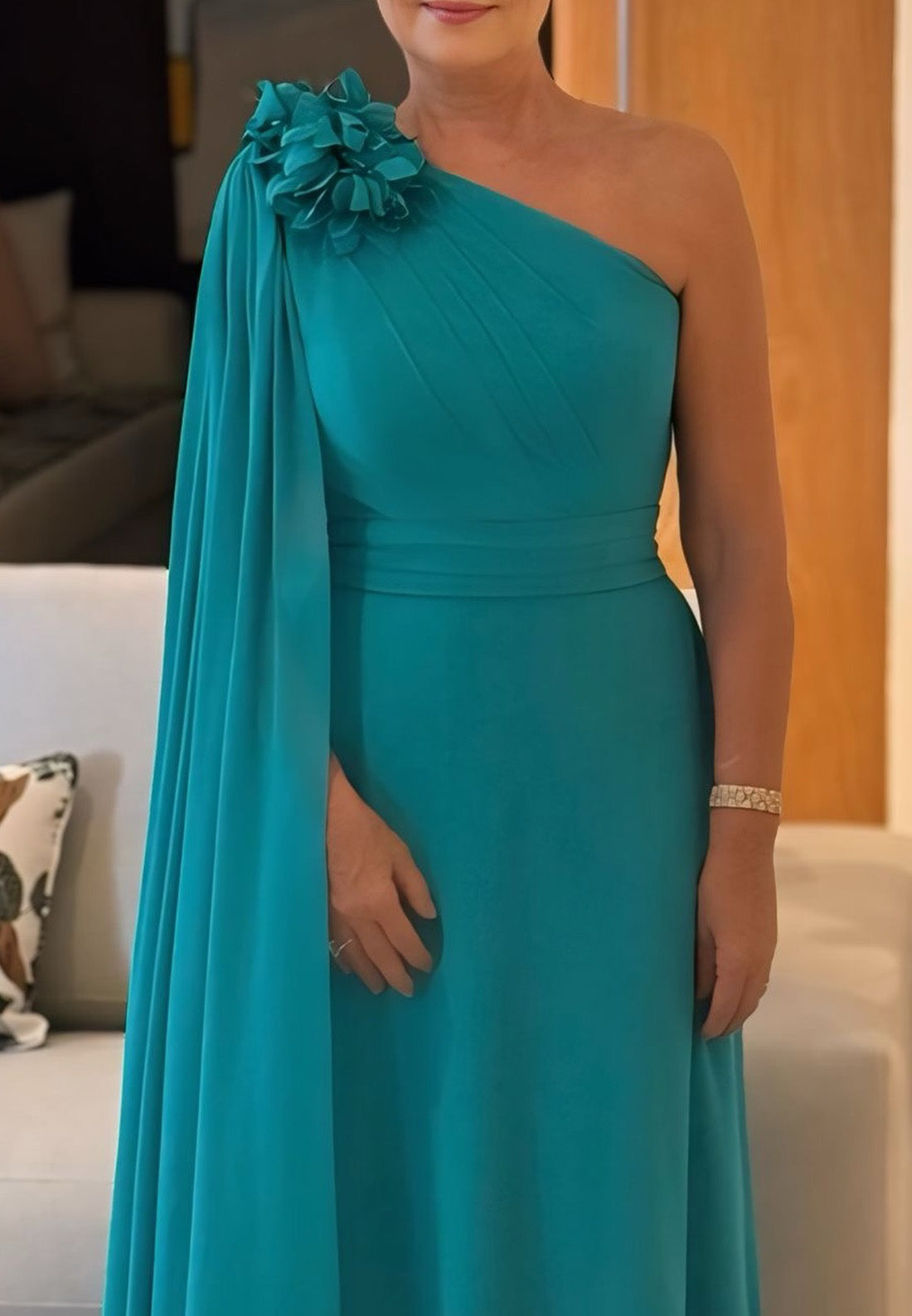 One Shoulder Floral Sleek Sleeveless A-Line Mother of Bride Dress