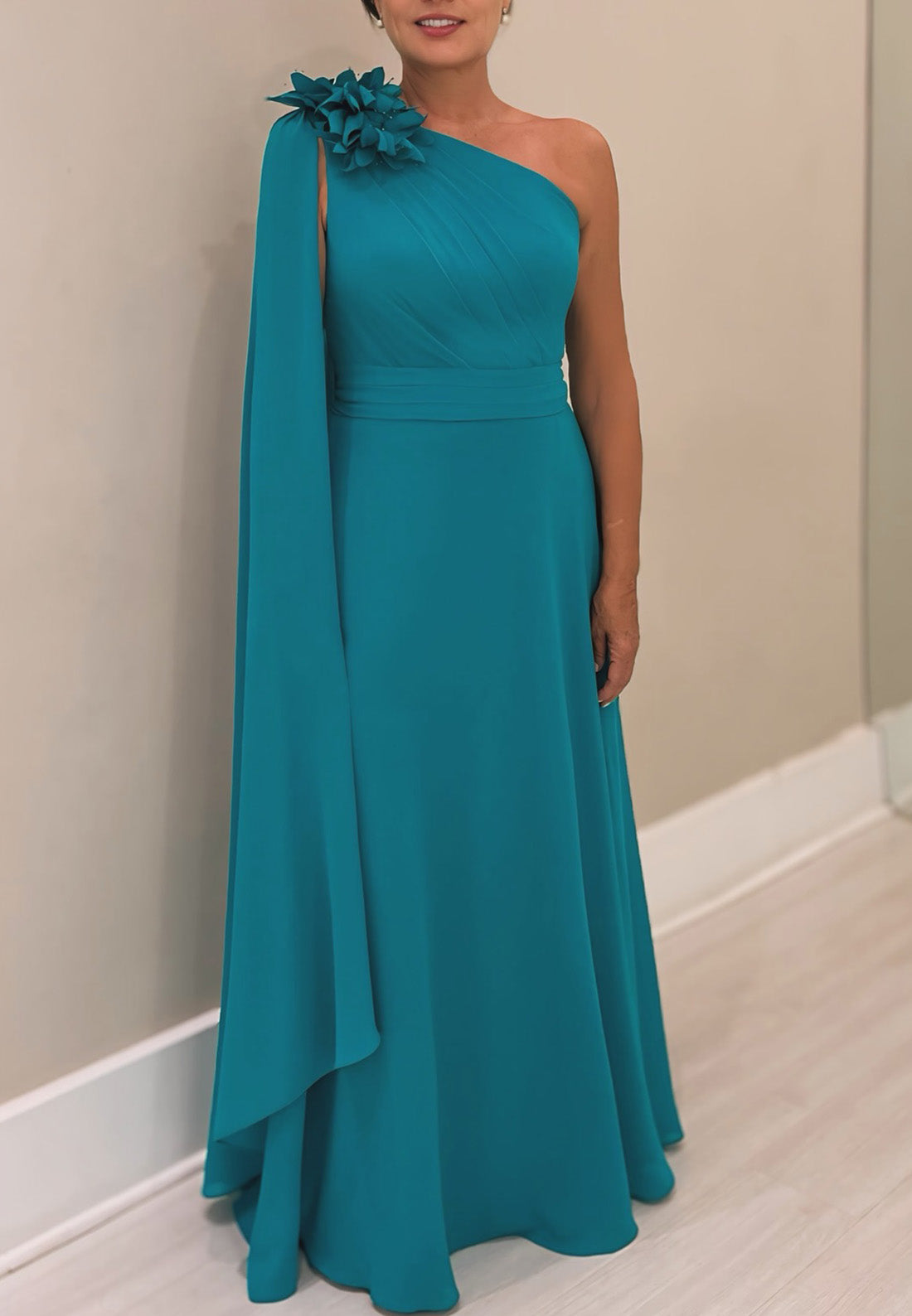 One Shoulder Floral Sleek Sleeveless A-Line Mother of Bride Dress